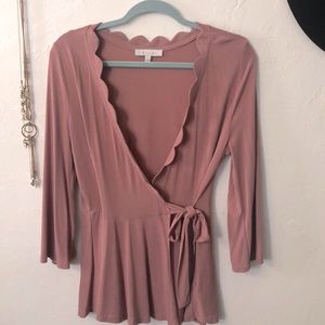Anthro Rose wrap/ tie shirt, scalloped neckline